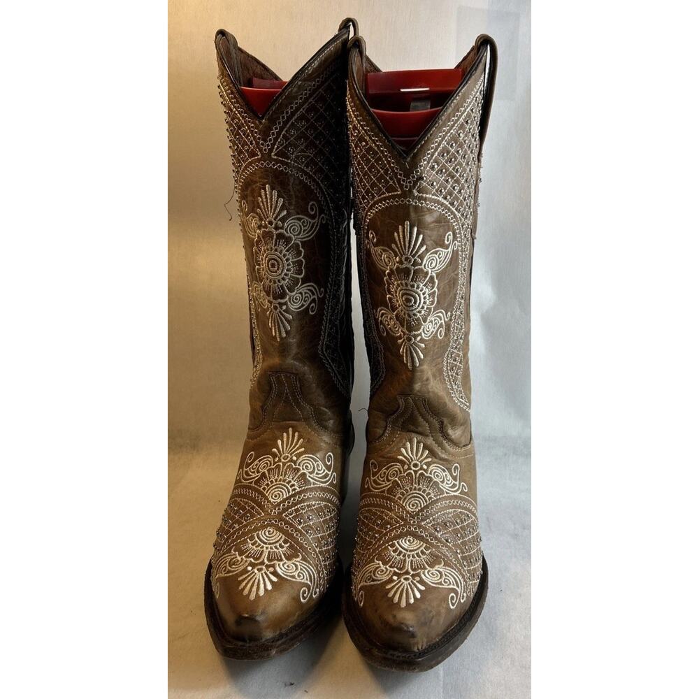 Golden Guns Distressed Brown Embroidered/Crystal Western Boots US 8 MEX 25